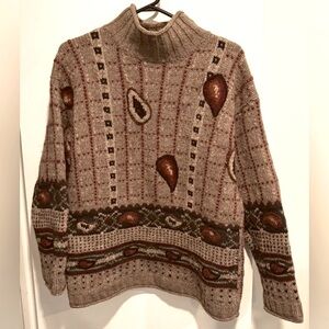 100% Shetland Wool Sweater Point Zero stripe leaf print beige red ski vintage S